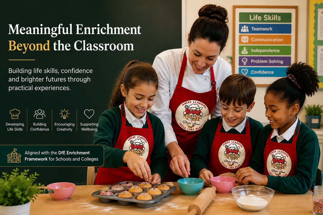 Primary school pupils taking part in a Bake N Play enrichment programme supporting life skills and the DfE Enrichment Framework