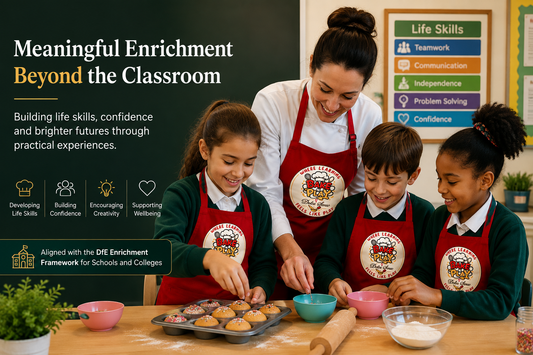 Primary school pupils taking part in a Bake N Play enrichment programme supporting life skills and the DfE Enrichment Framework