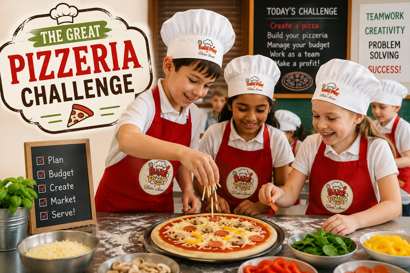 KS1 and KS2 pupils taking part in the Bake N Play Pizzeria Challenge, a hands-on cooking and curriculum enrichment workshop for primary schools.”